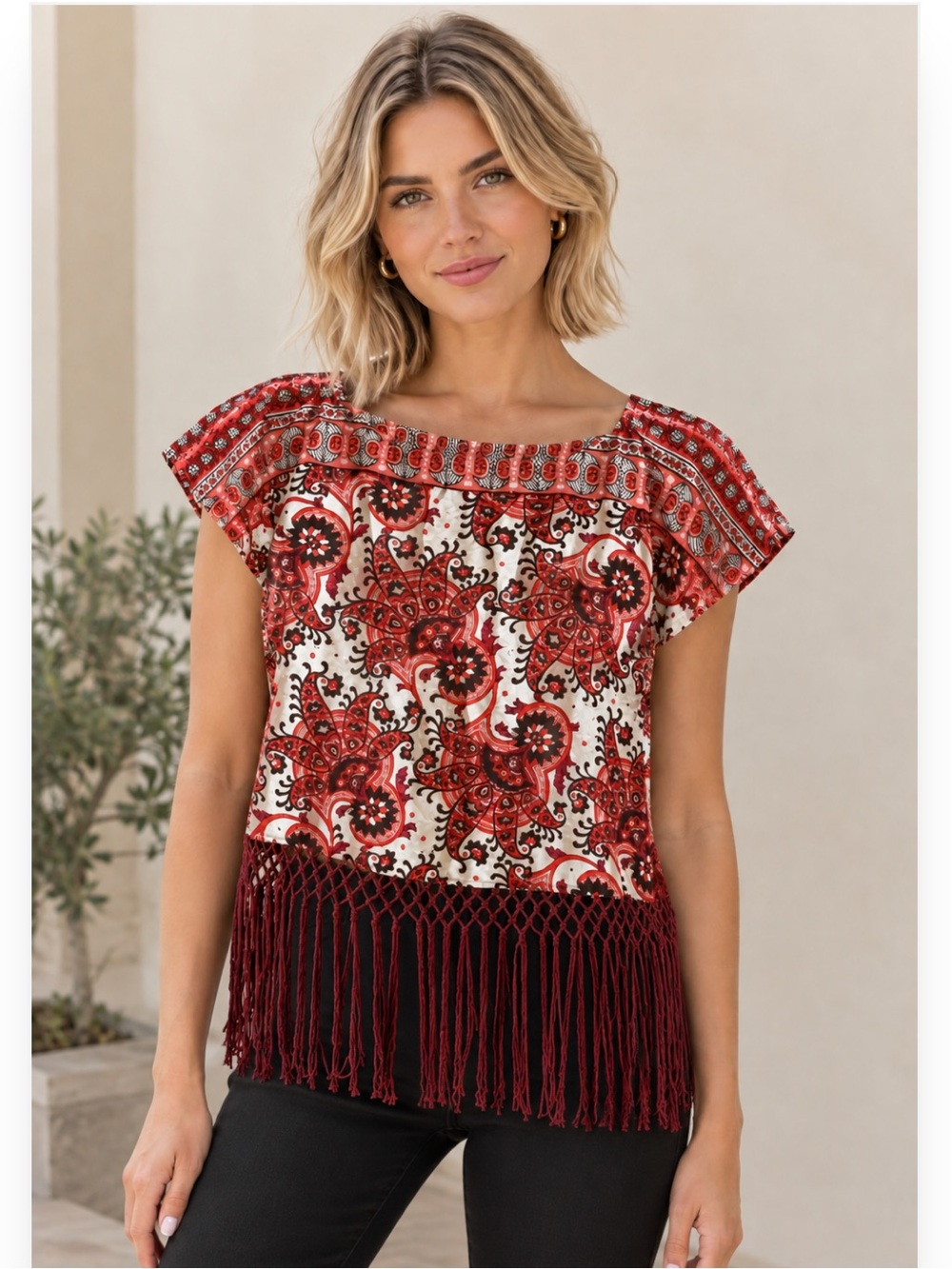 Michael Kors Cream and Red Paisley Fringe Crop Top